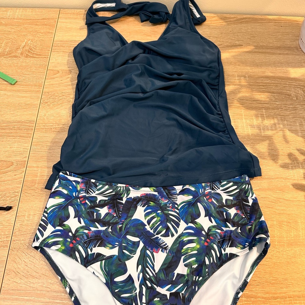 Amazon Women's Tankini Swimsuit - Navy and Tropical Print. New without tags.